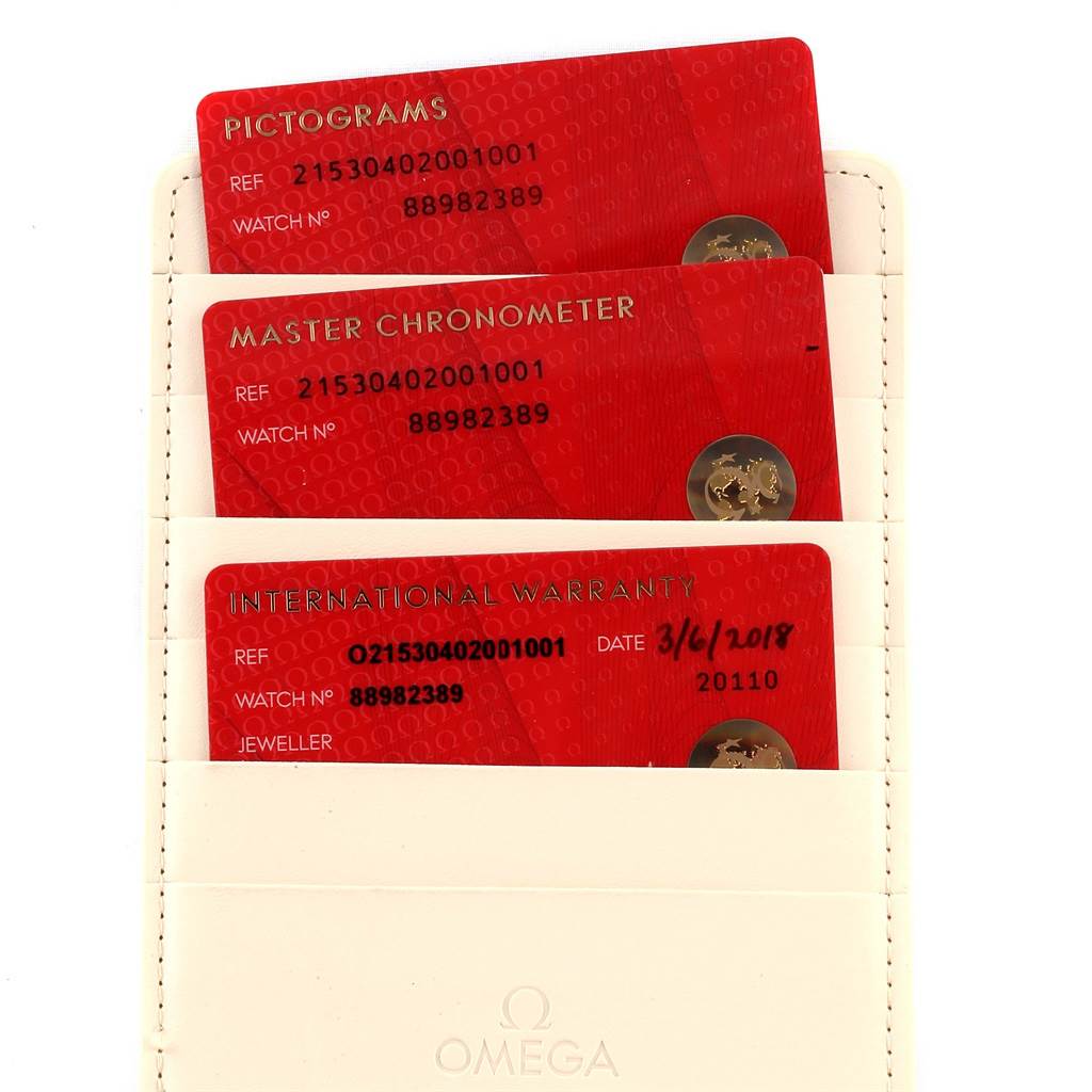 The image shows three Omega Planet Ocean 215.30.40.20.01.001 Men's Stainless Steel Black Dial 215.30.40.20.01.001 Men's Stainless Steel Black Dial watch cards: Pictograms, Master Chronometer, and International Warranty, in a white cardholder.