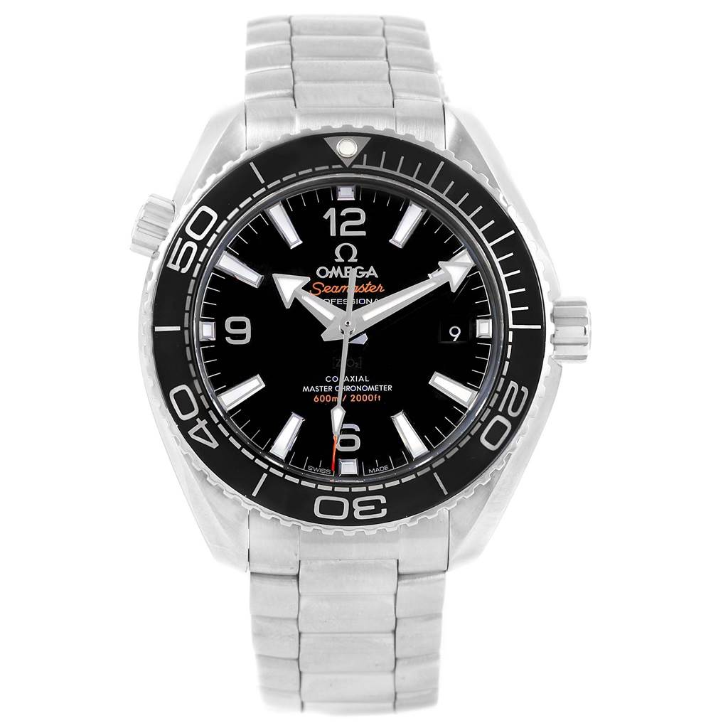The Omega Planet Ocean 215.30.40.20.01.001 Men's Stainless Steel Black Dial 215.30.40.20.01.001 Men's Stainless Steel Black Dial watch is shown from the front, displaying its bezel, dial, hands, hour markers, and metal bracelet.