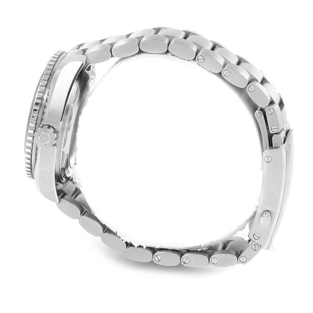 This side-angle view of the Omega Planet Ocean 215.30.40.20.01.001 Men's Stainless Steel Black Dial 215.30.40.20.01.001 Men's Stainless Steel Black Dial watch shows the crown, case, and bracelet.