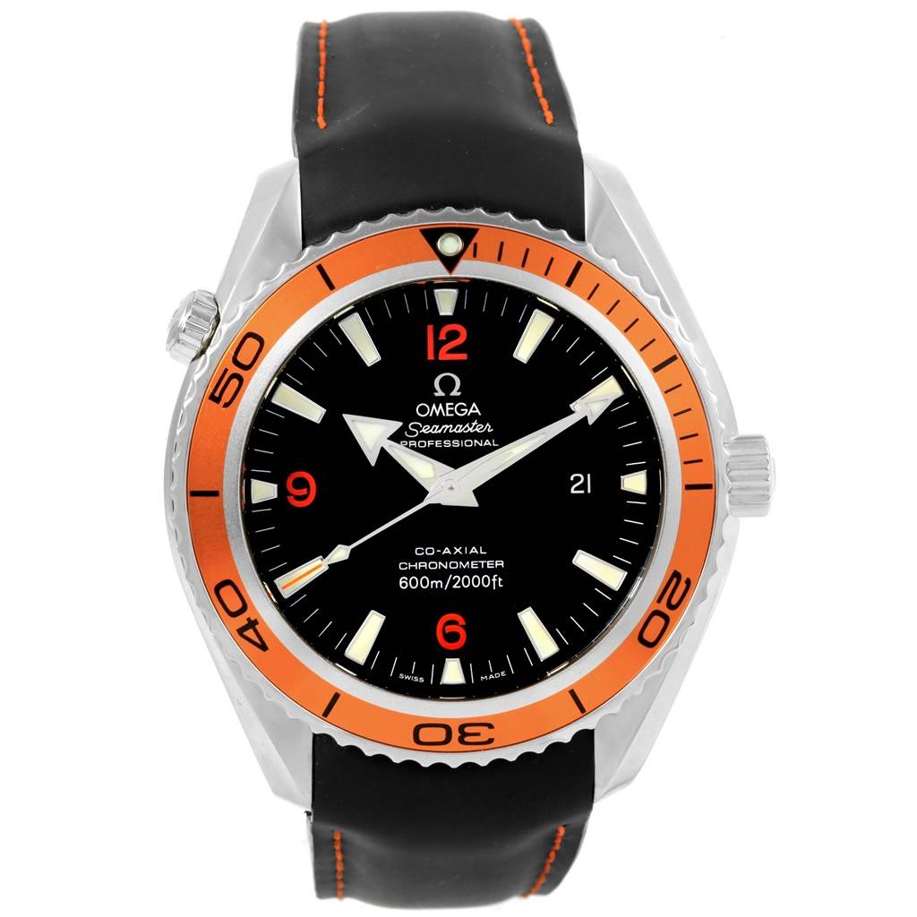 The image shows a front view of the Omega Seamaster Planet Ocean watch, including the bezel, dial, hands, and part of the wristband.