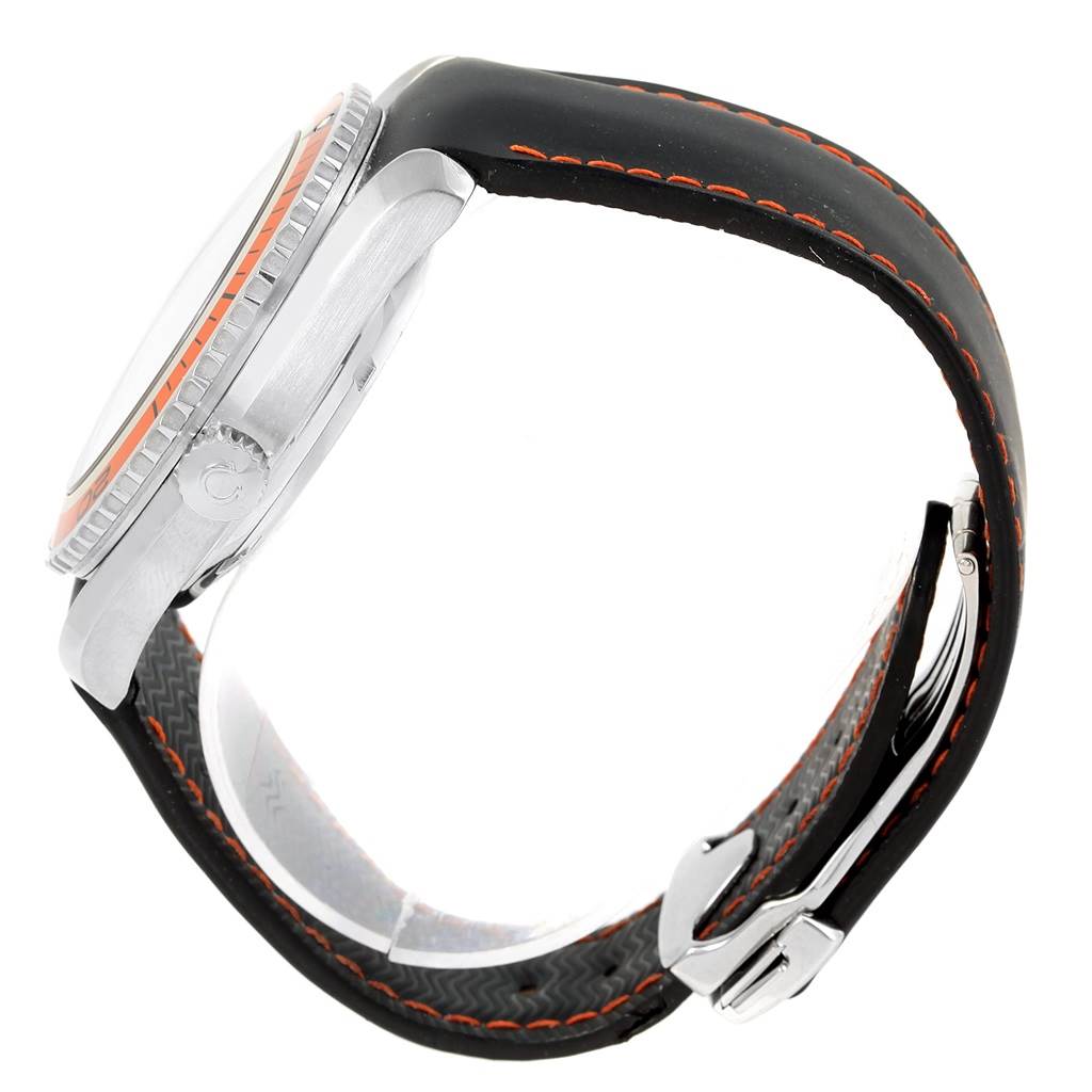 The image shows the side view of the Omega Planet Ocean 2909.50.82 Men
s Stainless Steel Black Dial 2909.50.82 Men
s Stainless Steel Black Dial watch, highlighting the crown, bezel, and black strap with orange stitching.