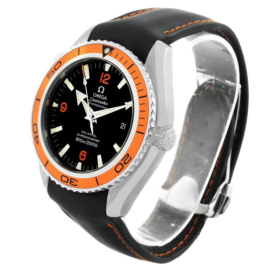 The Omega Planet Ocean 2909.50.82 Men
s Stainless Steel Black Dial 2909.50.82 Men
s Stainless Steel Black Dial watch is shown at a slight angle, highlighting the dial, bezel, and part of the band.