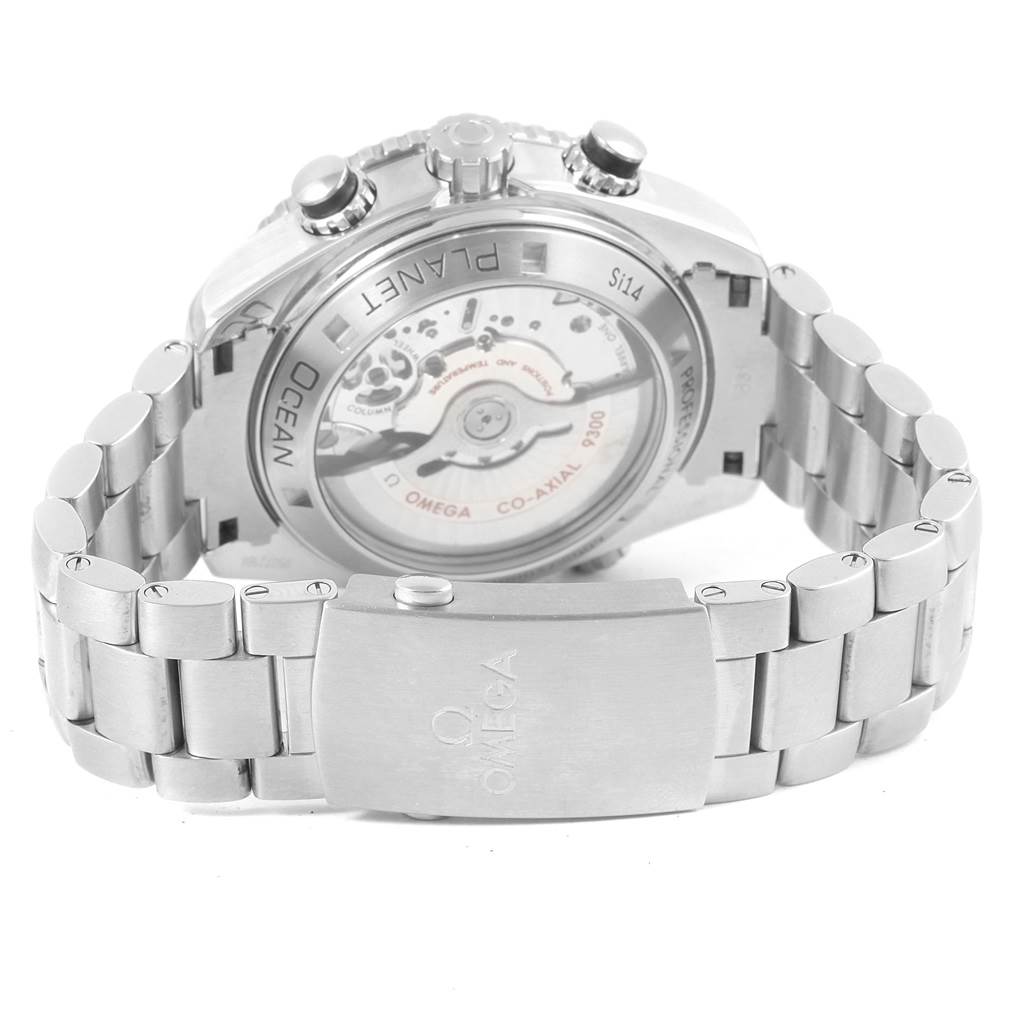 This image shows the back view of an Omega Planet Ocean 232.30.46.51.01.001 Men's Stainless Steel Black Dial 232.30.46.51.01.001 Men's Stainless Steel Black Dial watch, highlighting its bracelet and transparent case back. 