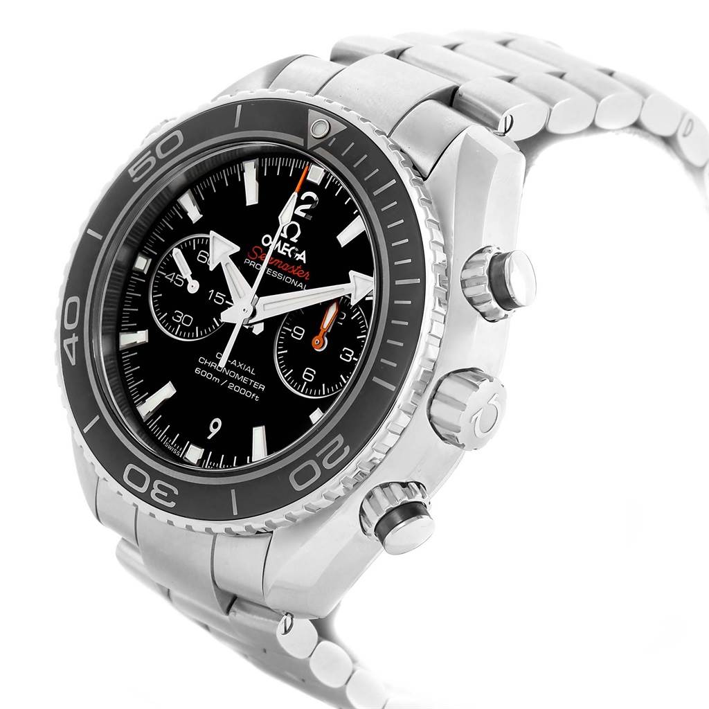 This image shows a side angle of the Omega Planet Ocean 232.30.46.51.01.001 Men's Stainless Steel Black Dial 232.30.46.51.01.001 Men's Stainless Steel Black Dial watch, highlighting its bezel, dial, and stainless steel bracelet.