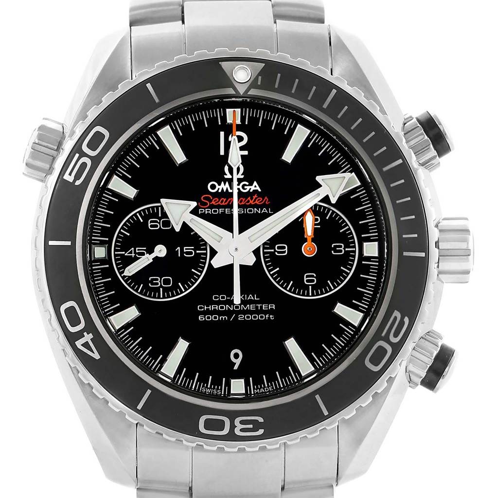 This image shows a front view of the Omega Planet Ocean 232.30.46.51.01.001 Men's Stainless Steel Black Dial 232.30.46.51.01.001 Men's Stainless Steel Black Dial watch, highlighting its dial, bezel, and bracelet.