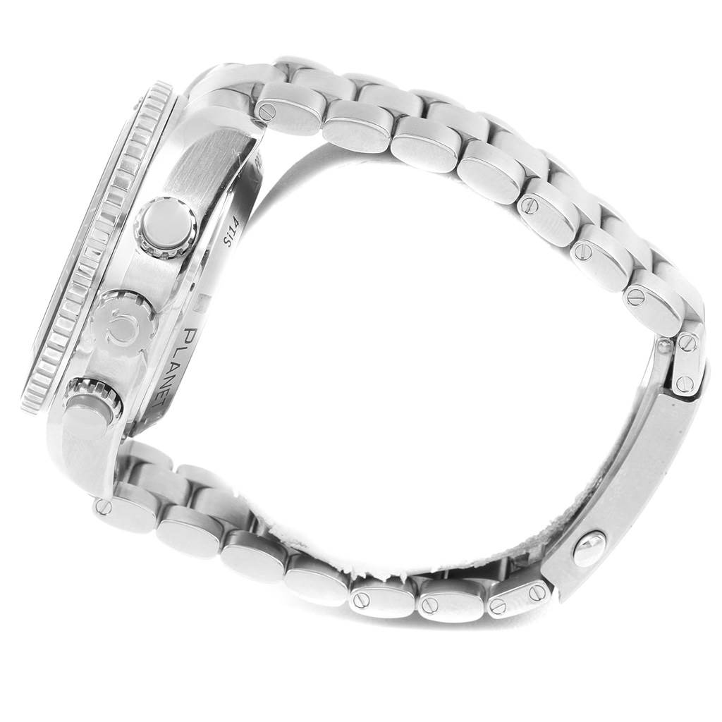 The image shows the side view of an Omega Planet Ocean 232.30.46.51.01.001 Men's Stainless Steel Black Dial 232.30.46.51.01.001 Men's Stainless Steel Black Dial watch, highlighting the crown, pushers, and metal bracelet.