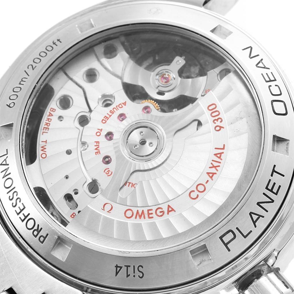 This image shows the caseback of the Omega Planet Ocean 232.30.46.51.01.001 Men's Stainless Steel Black Dial 232.30.46.51.01.001 Men's Stainless Steel Black Dial watch, revealing its co-axial movement mechanism.