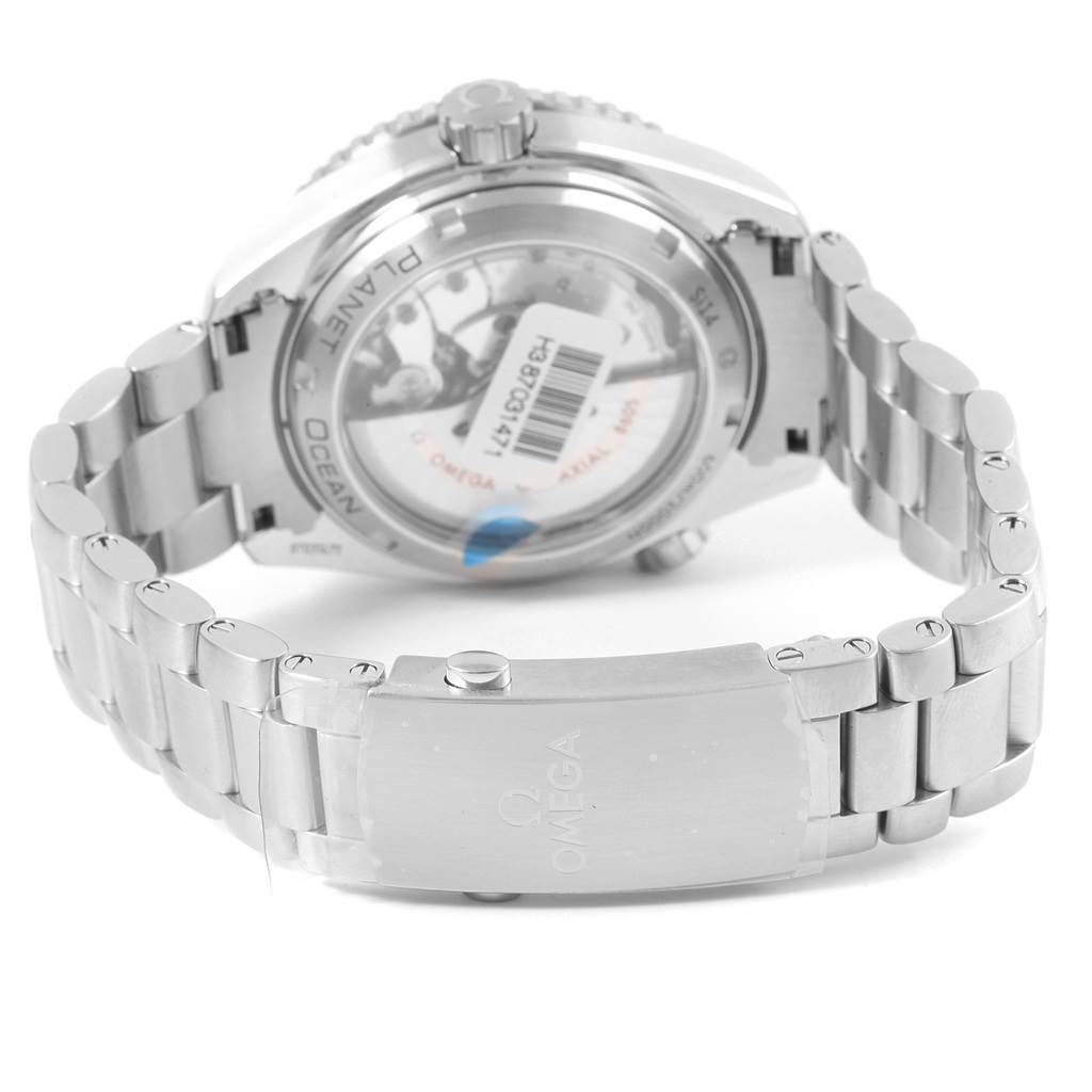 The image shows the back of the Omega Planet Ocean 232.30.44.22.01.001 Men
s Stainless Steel Black Dial 232.30.44.22.01.001 Men
s Stainless Steel Black Dial watch and its stainless steel bracelet clasp.