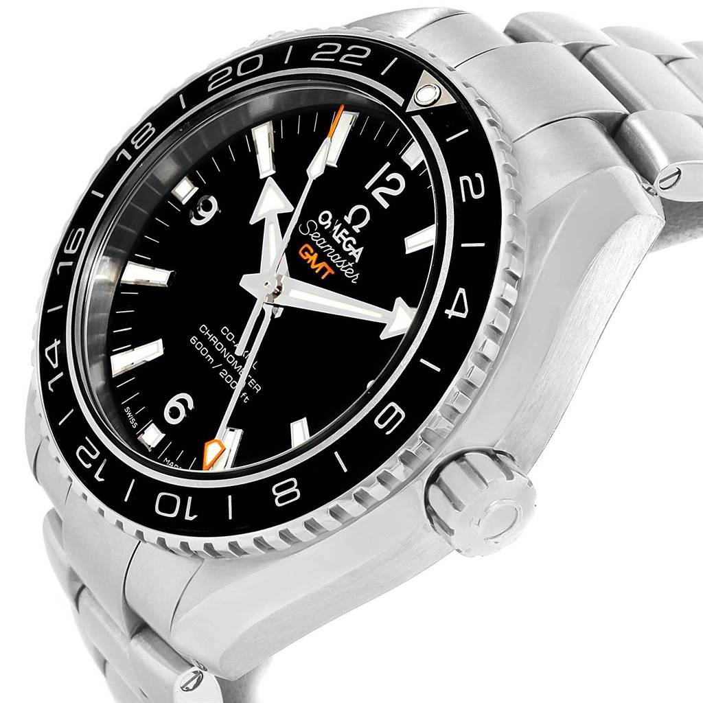 The image displays an angled view of the Omega Planet Ocean 232.30.44.22.01.001 Men
s Stainless Steel Black Dial 232.30.44.22.01.001 Men
s Stainless Steel Black Dial GMT watch, highlighting the bezel, dial, crown, and bracelet.