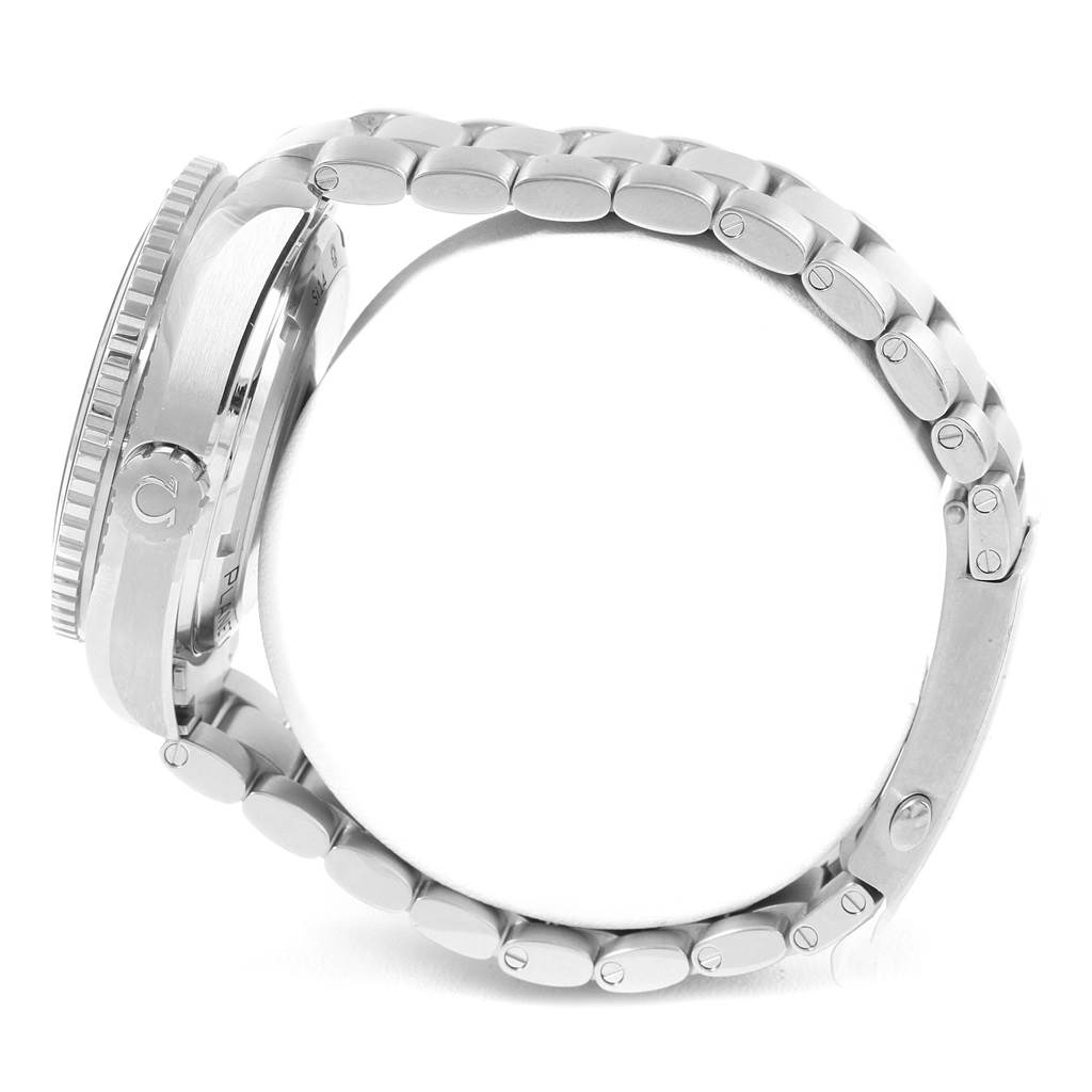 This image shows a side view of the Omega Planet Ocean 232.30.44.22.01.001 Men
s Stainless Steel Black Dial 232.30.44.22.01.001 Men
s Stainless Steel Black Dial watch, highlighting its bezel, crown, and metal bracelet.