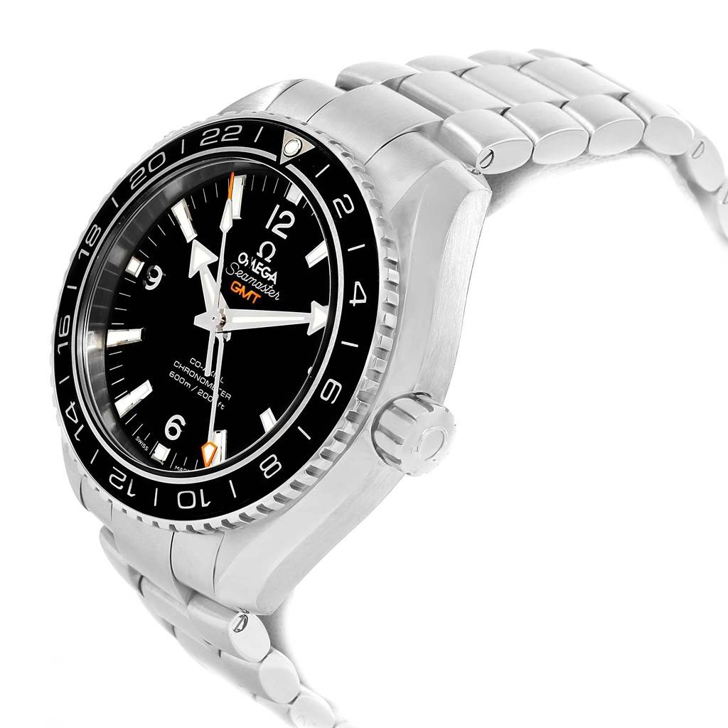 The Omega Planet Ocean 232.30.44.22.01.001 Men
s Stainless Steel Black Dial 232.30.44.22.01.001 Men
s Stainless Steel Black Dial watch is shown at a three-quarter angle, displaying the face, bezel, crown, and part of the metal bracelet.