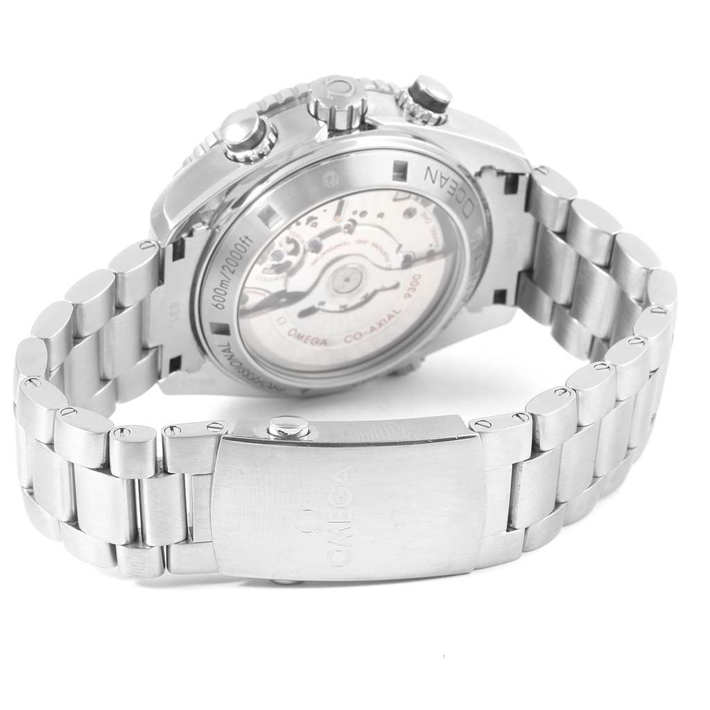 This image shows the back view of an Omega Planet Ocean 232.30.46.51.01.001 Men
s Stainless Steel Black Dial 232.30.46.51.01.001 Men
s Stainless Steel Black Dial watch, highlighting its stainless steel bracelet, clasp, and exposed movement.