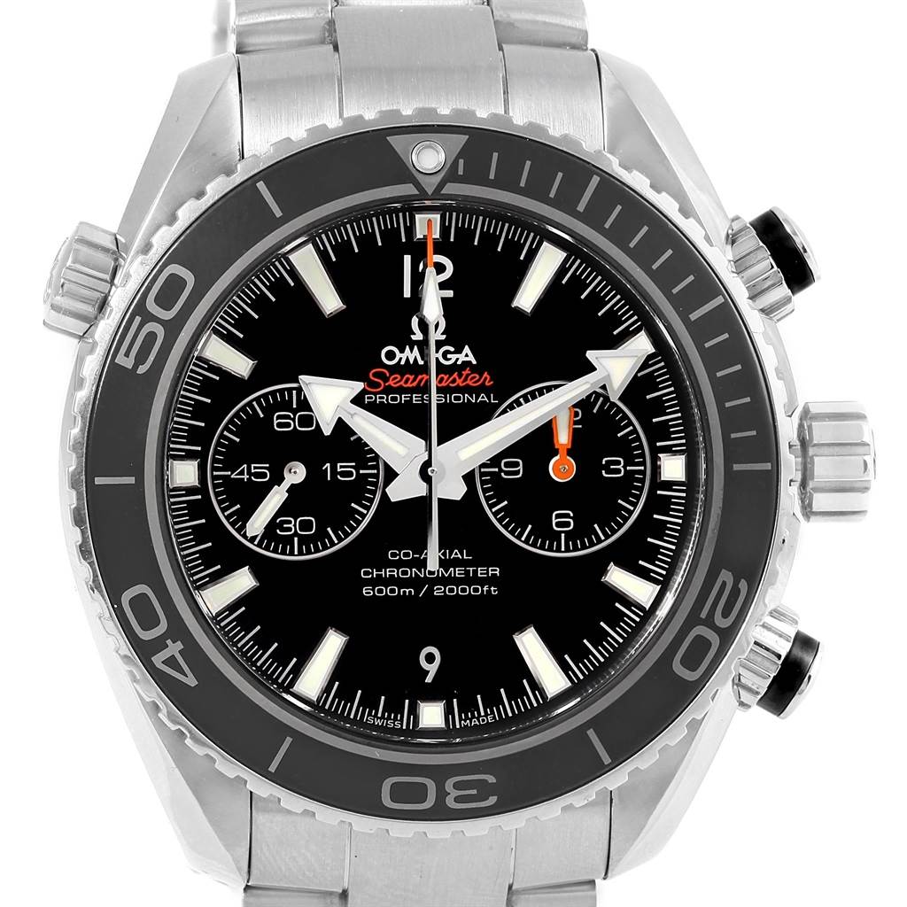 This image shows a front view of the Omega Seamaster Planet Ocean watch, highlighting its bezel, dial, and chronograph subdials.