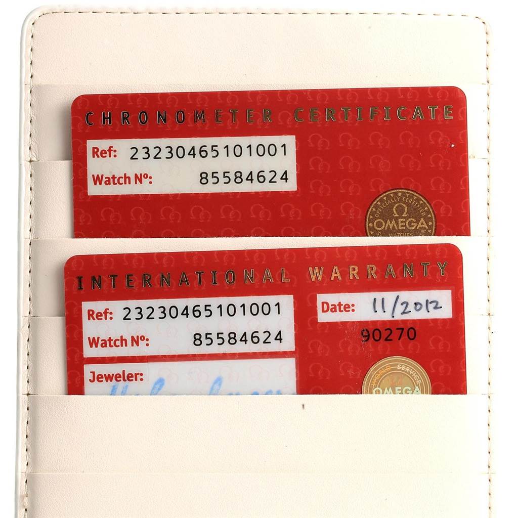 The image shows the chronometer certificate and international warranty cards for the Omega Planet Ocean 232.30.46.51.01.001 Men
s Stainless Steel Black Dial 232.30.46.51.01.001 Men
s Stainless Steel Black Dial watch model.