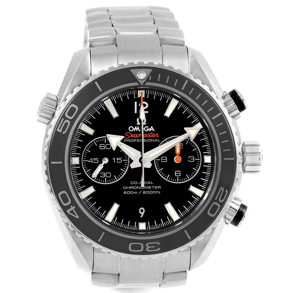 The image shows a front view of an Omega Planet Ocean 232.30.46.51.01.001 Men
s Stainless Steel Black Dial 232.30.46.51.01.001 Men
s Stainless Steel Black Dial Seamaster watch, featuring its face, bezel, and part of the metal bracelet.