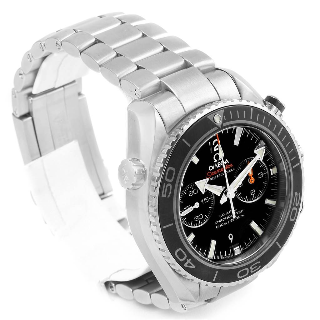 The image shows an Omega Planet Ocean 232.30.46.51.01.001 Men
s Stainless Steel Black Dial 232.30.46.51.01.001 Men
s Stainless Steel Black Dial watch from a front-left angle, highlighting the bezel, crown, and bracelet.