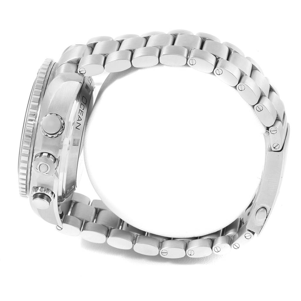 The image shows a side view of the Omega Planet Ocean 232.30.46.51.01.001 Men
s Stainless Steel Black Dial 232.30.46.51.01.001 Men
s Stainless Steel Black Dial watch, highlighting its stainless steel bracelet, case, and crown.