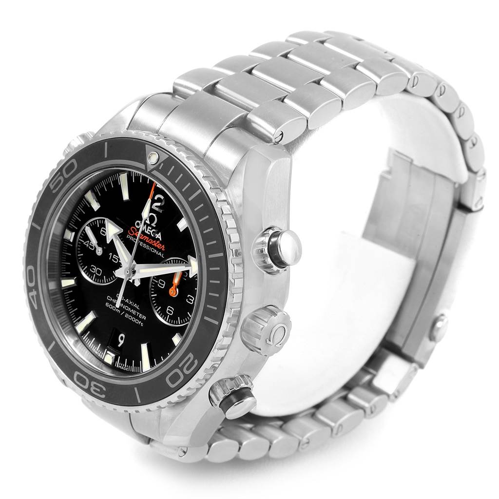 This Omega Planet Ocean 232.30.46.51.01.001 Men
s Stainless Steel Black Dial 232.30.46.51.01.001 Men
s Stainless Steel Black Dial watch is shown at a three-quarter angle, displaying the dial, bezel, crown, and stainless steel bracelet.