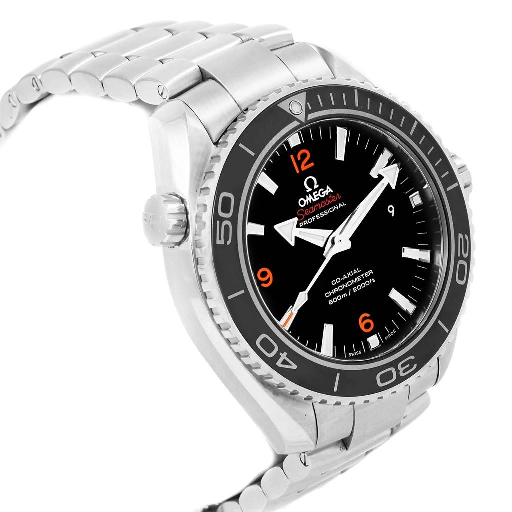This Omega Planet Ocean 232.30.46.21.01.003 Men's Stainless Steel Black Dial 232.30.46.21.01.003 Men's Stainless Steel Black Dial watch is shown at a slight angle, featuring its bezel, crown, and stainless steel bracelet.