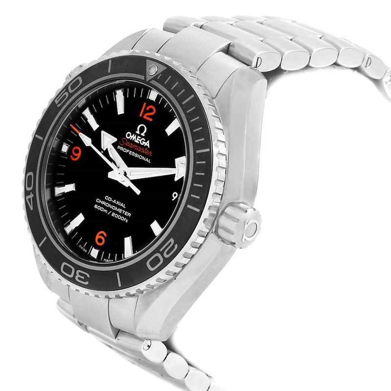 The image shows an Omega Seamaster Planet Ocean watch, featuring its dial, bezel, crown, and part of the metallic bracelet.