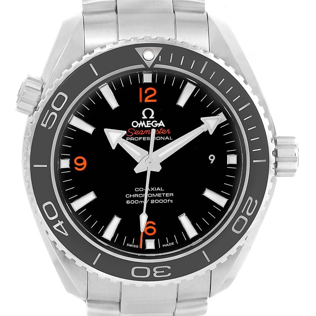 The image shows a front view of the face and bezel of an Omega Planet Ocean 232.30.46.21.01.003 Men's Stainless Steel Black Dial 232.30.46.21.01.003 Men's Stainless Steel Black Dial Seamaster watch.