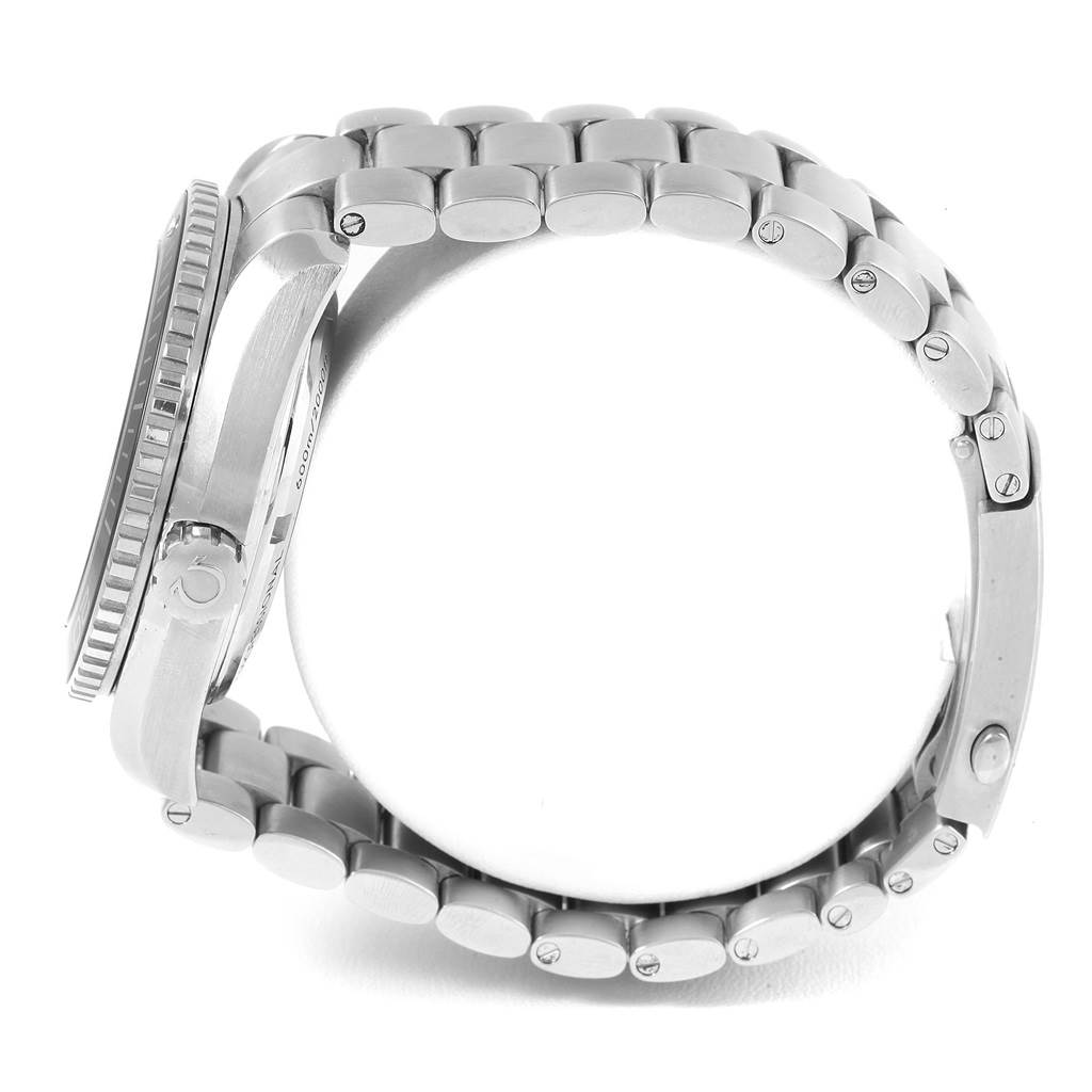 This side angle shows the case, crown, bezel, and bracelet of the Omega Planet Ocean 232.30.46.21.01.003 Men's Stainless Steel Black Dial 232.30.46.21.01.003 Men's Stainless Steel Black Dial watch.