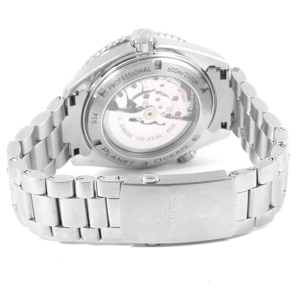 The image shows the back case and metal bracelet of the Omega Planet Ocean 232.30.46.21.01.003 Men's Stainless Steel Black Dial 232.30.46.21.01.003 Men's Stainless Steel Black Dial watch, highlighting the visible movement and clasp.