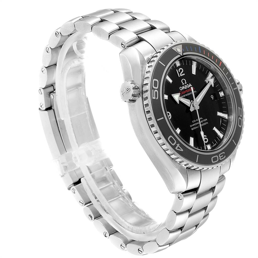 The image shows a side and front angle of the Omega Planet Ocean 522.30.46.21.01.001 Men
s Stainless Steel Black Dial 522.30.46.21.01.001 Men
s Stainless Steel Black Dial watch, highlighting the bezel, dial, crown, and bracelet.