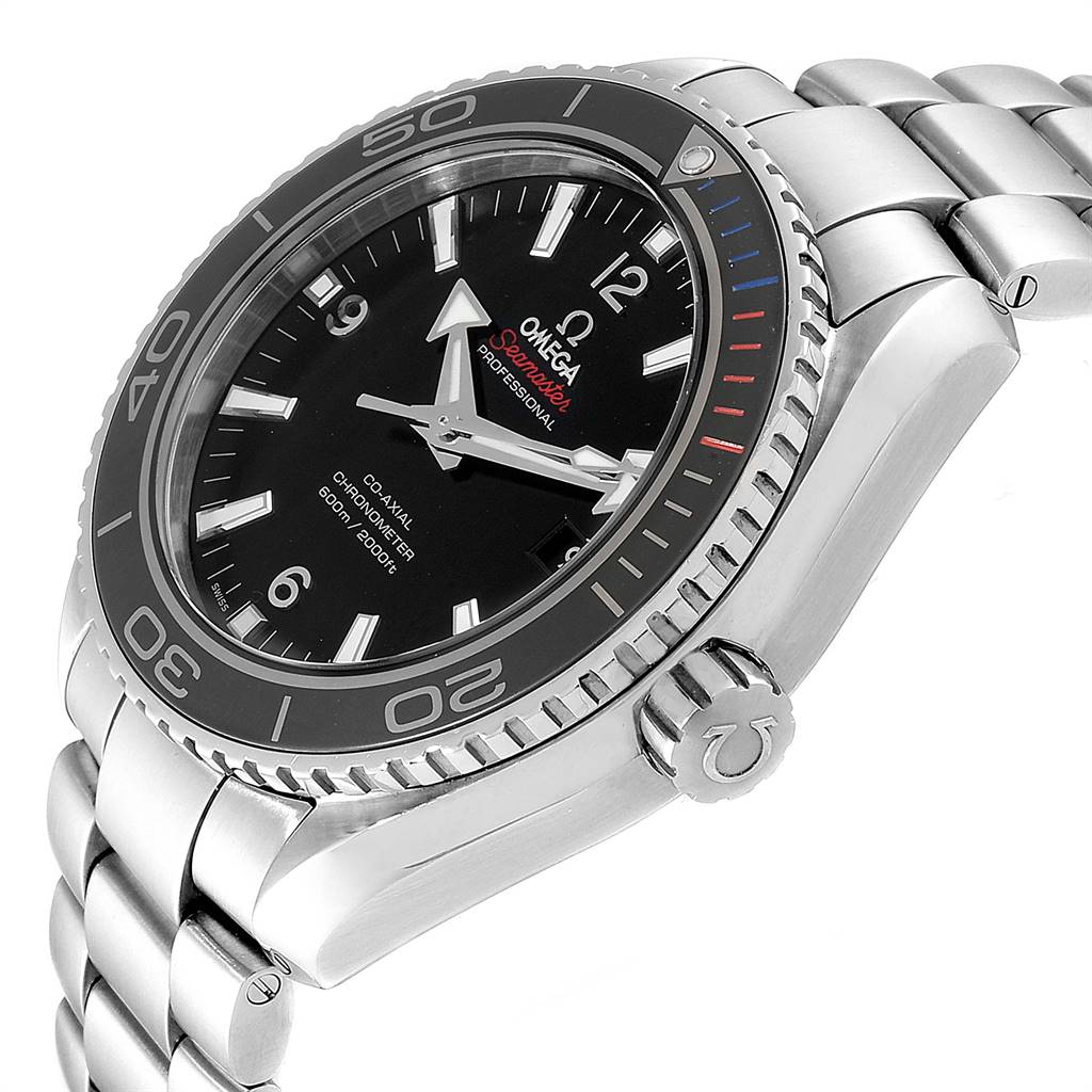 The image shows the Omega Planet Ocean 522.30.46.21.01.001 Men
s Stainless Steel Black Dial 522.30.46.21.01.001 Men
s Stainless Steel Black Dial watch at an angled side view, highlighting the bezel, face, crown, and part of the bracelet.