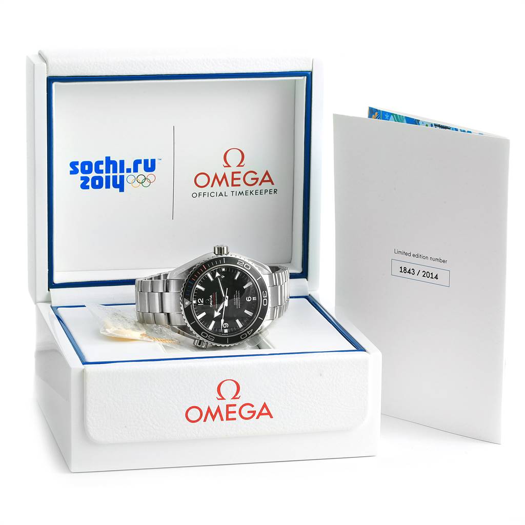 The Omega Planet Ocean 522.30.46.21.01.001 Men
s Stainless Steel Black Dial 522.30.46.21.01.001 Men
s Stainless Steel Black Dial watch is displayed front-on in its box with accompanying documentation.