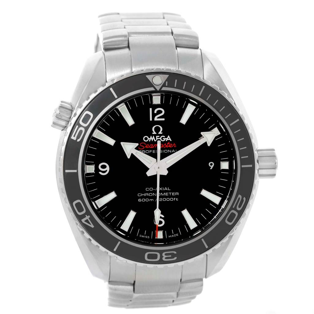 The image shows a front view of the Omega Planet Ocean 232.30.42.21.01.001 Men's Stainless Steel Black Dial 232.30.42.21.01.001 Men's Stainless Steel Black Dial watch, highlighting its face, bezel, crown, and metal bracelet.