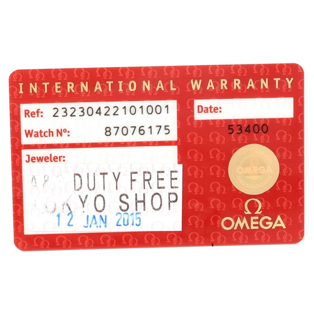 This image shows the international warranty card for the Omega Planet Ocean 232.30.42.21.01.001 Men's Stainless Steel Black Dial 232.30.42.21.01.001 Men's Stainless Steel Black Dial model watch.