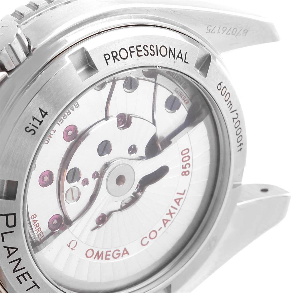 The image shows the back view of the Omega Planet Ocean 232.30.42.21.01.001 Men's Stainless Steel Black Dial 232.30.42.21.01.001 Men's Stainless Steel Black Dial watch, highlighting its transparent caseback and internal mechanics.