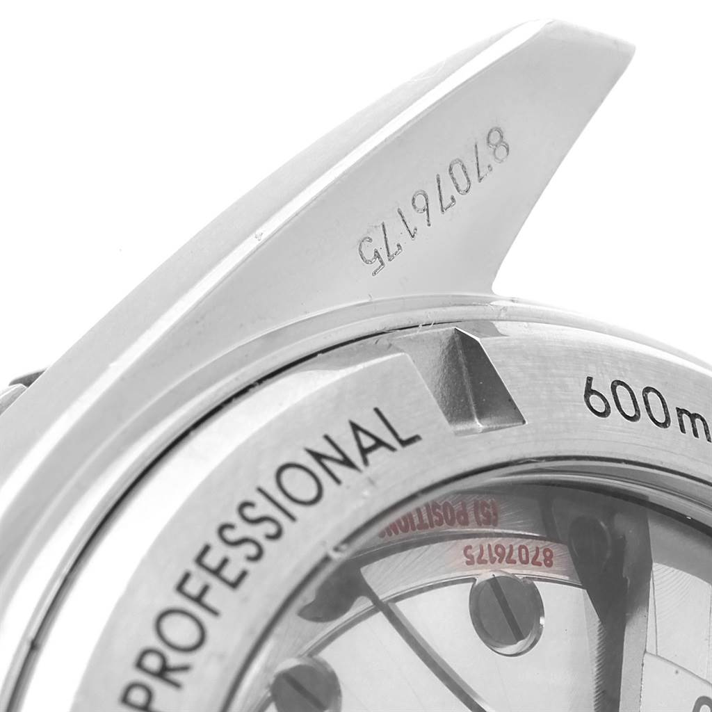 This close-up image shows the side and part of the bezel of the Omega Planet Ocean 232.30.42.21.01.001 Men's Stainless Steel Black Dial 232.30.42.21.01.001 Men's Stainless Steel Black Dial watch, highlighting "Professional" and "600m" marks.