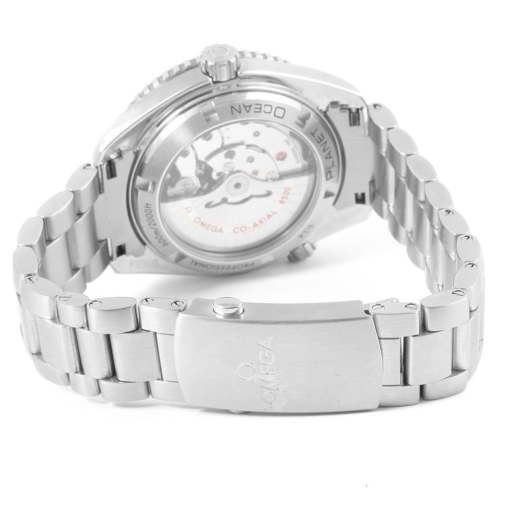 The image shows the back view of the Omega Planet Ocean 232.30.42.21.01.001 Men's Stainless Steel Black Dial 232.30.42.21.01.001 Men's Stainless Steel Black Dial watch and its metal bracelet.