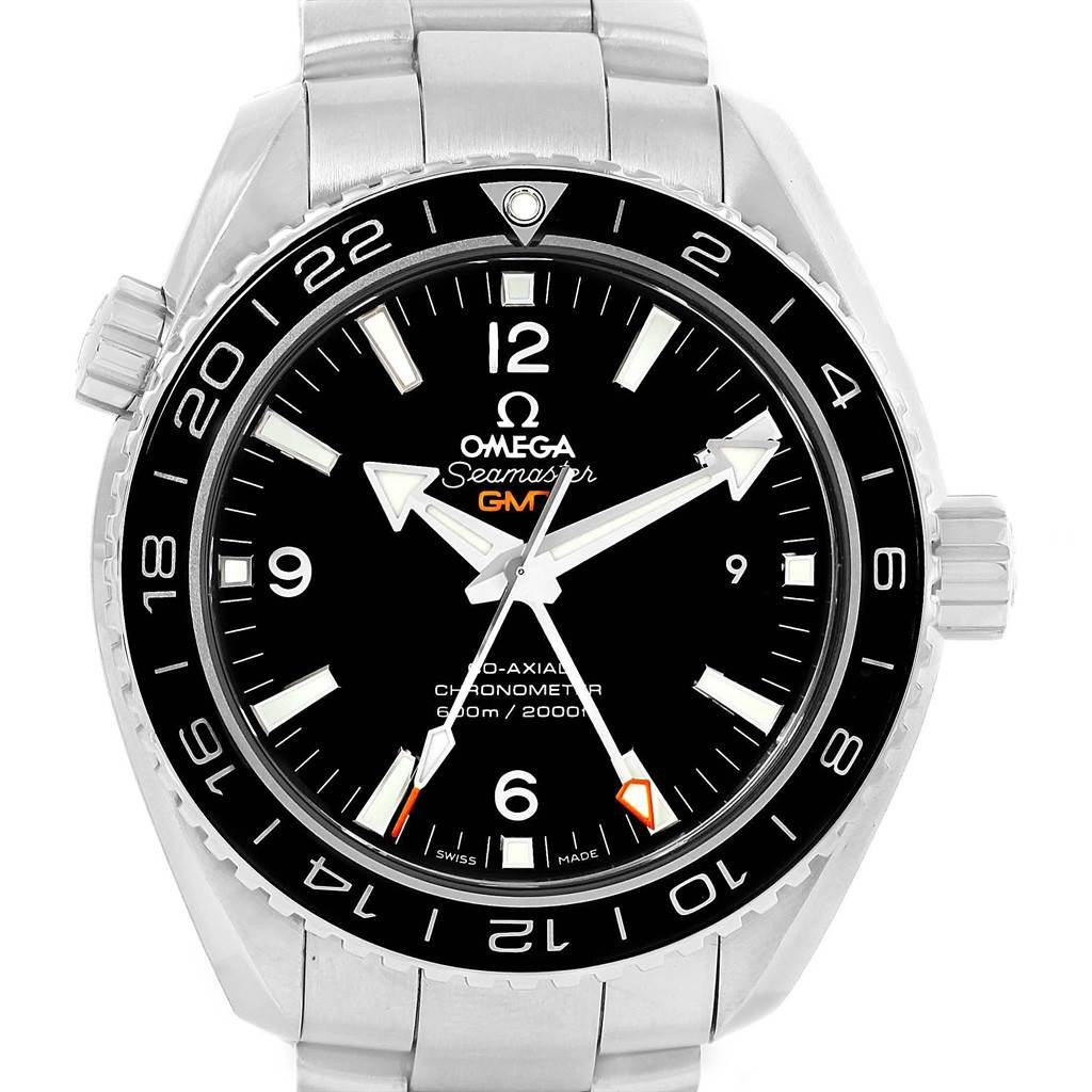 The image shows a front view of the Omega Planet Ocean 232.30.44.22.01.001 Men's Stainless Steel Black Dial 232.30.44.22.01.001 Men's Stainless Steel Black Dial Seamaster GMT watch, highlighting its bezel, dial, and bracelet.