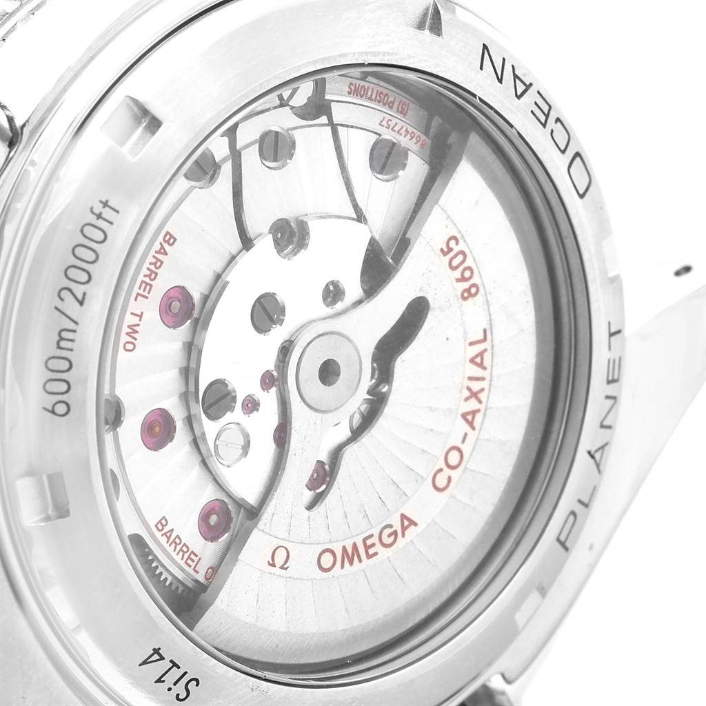 The image shows the back of the Omega Planet Ocean 232.30.44.22.01.001 Men's Stainless Steel Black Dial 232.30.44.22.01.001 Men's Stainless Steel Black Dial watch, revealing its inner mechanical components and "Co-Axial" movement.