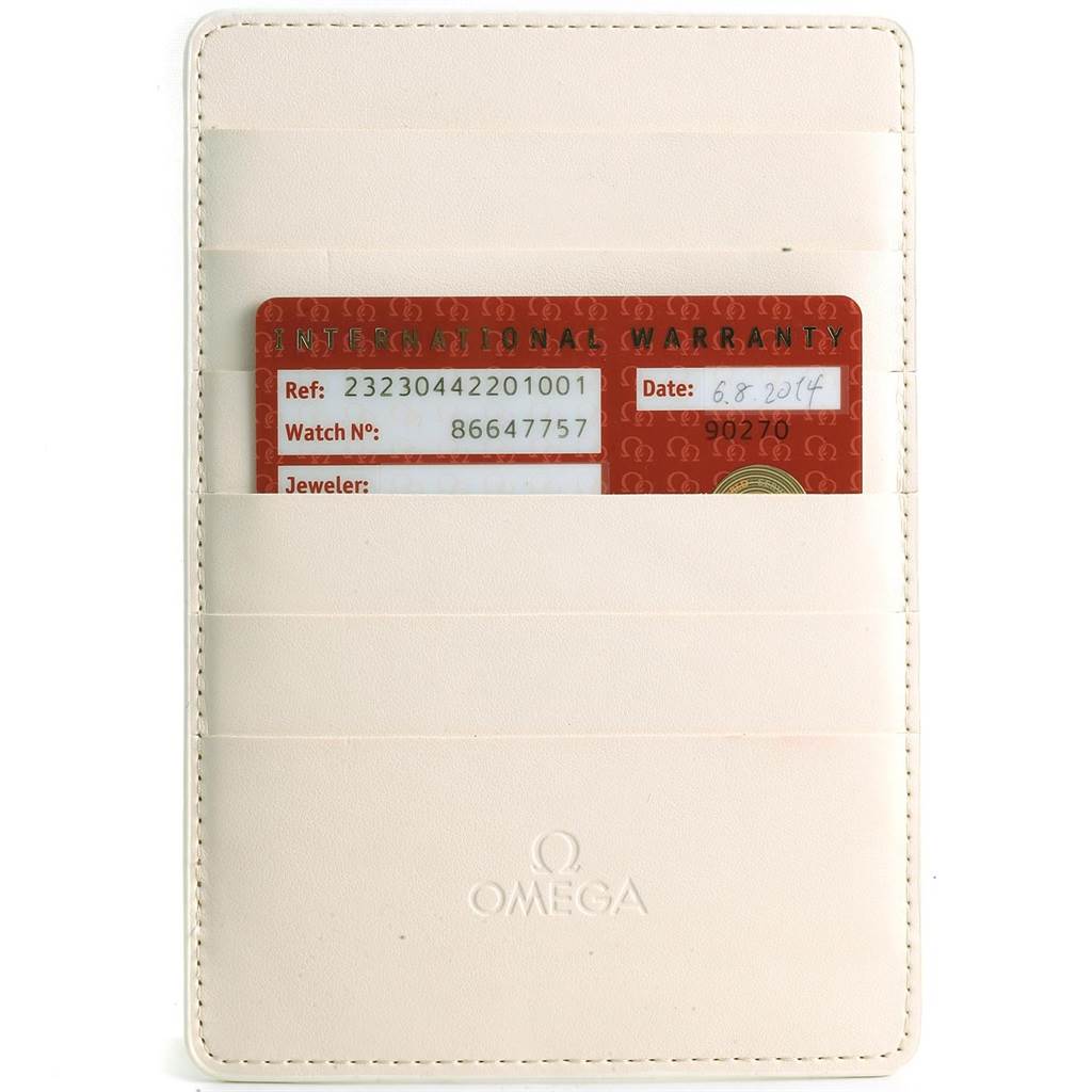 This image shows the warranty card for the Omega Planet Ocean 232.30.44.22.01.001 Men's Stainless Steel Black Dial 232.30.44.22.01.001 Men's Stainless Steel Black Dial model in a white card holder.