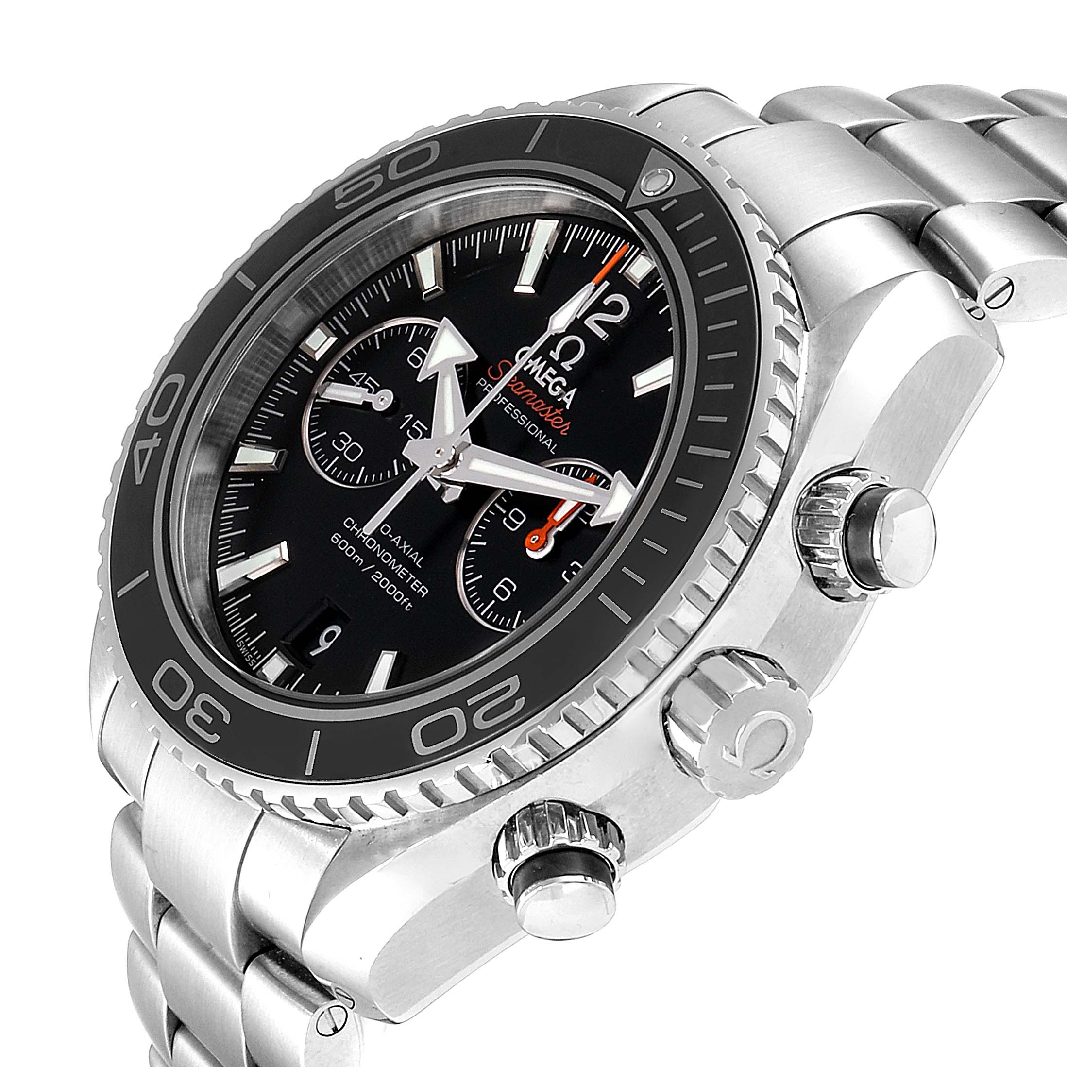 The image shows a side angle of the Omega Planet Ocean 232.30.46.51.01.001 Men
s Stainless Steel Black Dial 232.30.46.51.01.001 Men
s Stainless Steel Black Dial watch, highlighting the bezel, crown, and part of the bracelet.