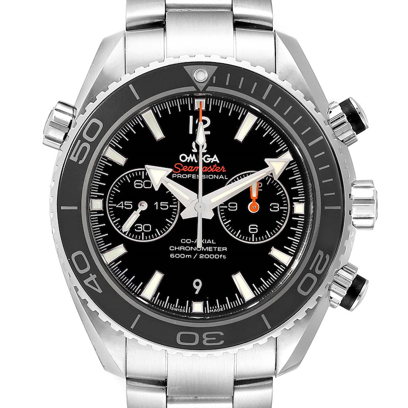 The image shows a front view of an Omega Seamaster Planet Ocean watch, highlighting the face, bezel, and part of the metal strap.