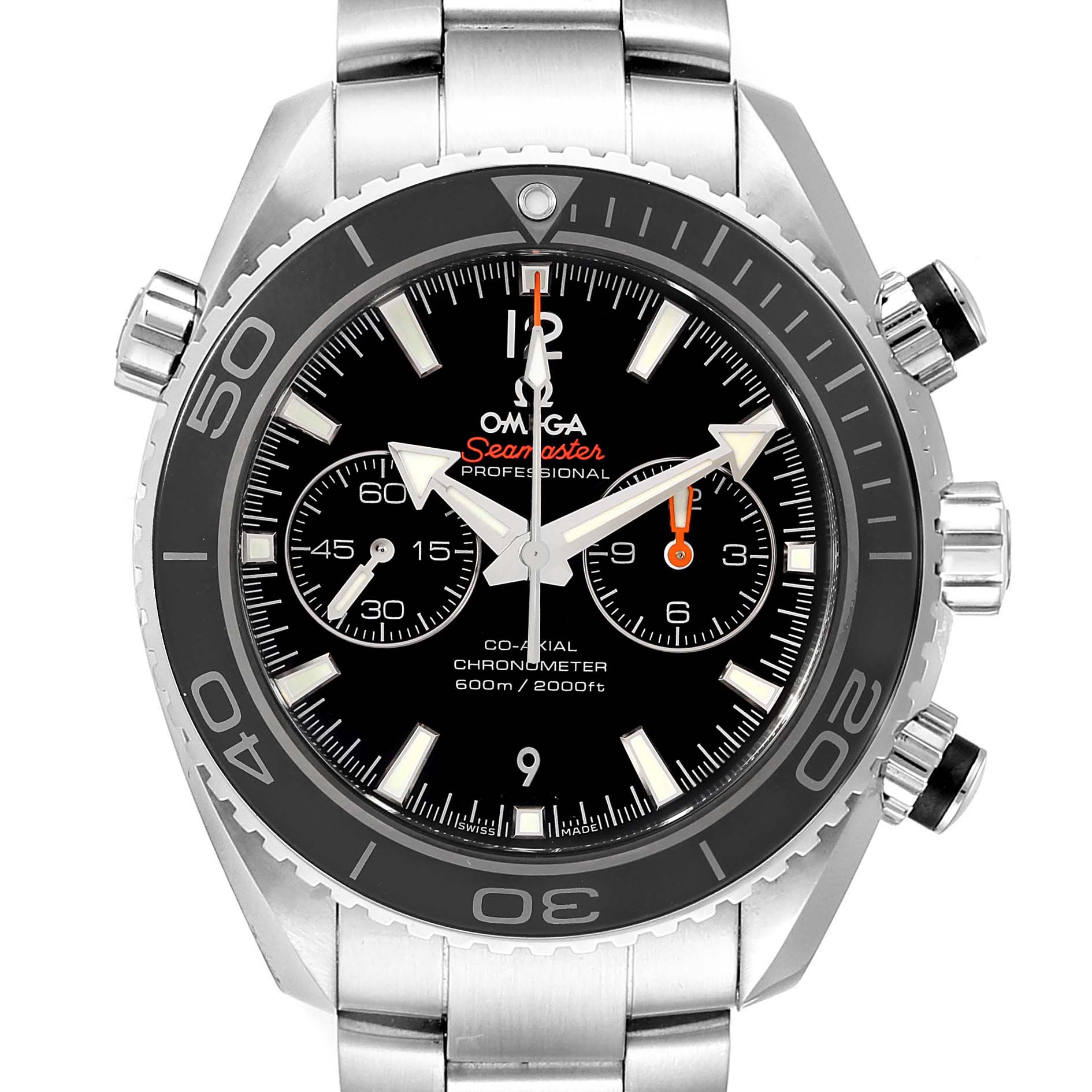 The image shows a front view of an Omega Seamaster Planet Ocean watch, highlighting the face, bezel, and part of the metal strap.