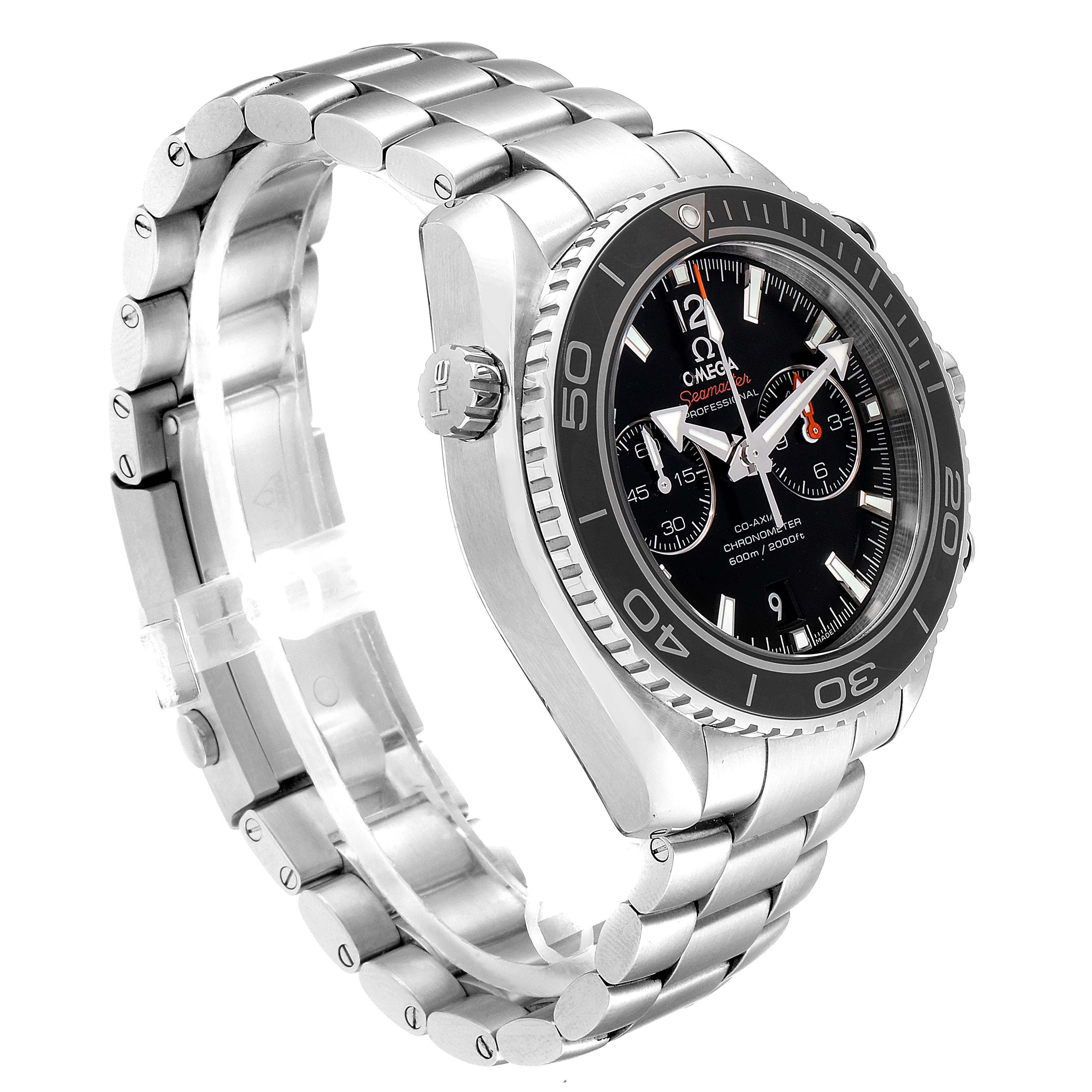 The image shows an Omega Planet Ocean 232.30.46.51.01.001 Men
s Stainless Steel Black Dial 232.30.46.51.01.001 Men
s Stainless Steel Black Dial watch angled from the side, highlighting the bezel, crown, and bracelet.