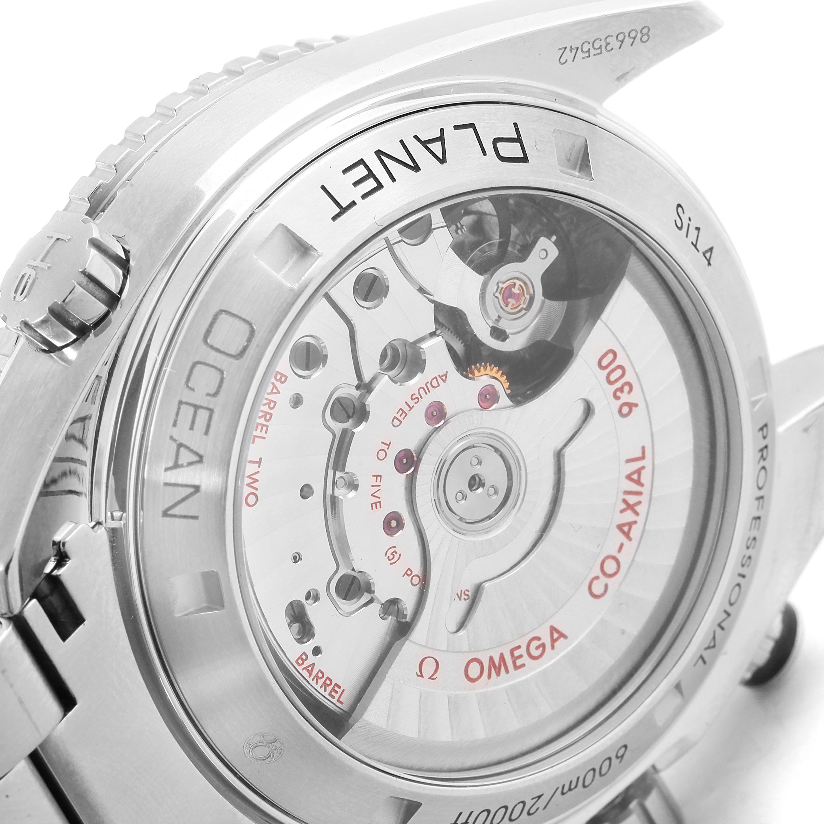 The image shows the back of the Omega Planet Ocean 232.30.46.51.01.001 Men
s Stainless Steel Black Dial 232.30.46.51.01.001 Men
s Stainless Steel Black Dial watch, highlighting its exposed co-axial movement and mechanical components.