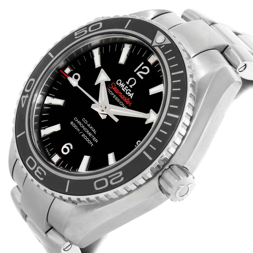 The image shows the front and side view of the Omega Planet Ocean 232.30.42.21.01.001 Men's Stainless Steel Black Dial 232.30.42.21.01.001 Men's Stainless Steel Black Dial watch, highlighting its bezel, dial, and part of the metal bracelet.