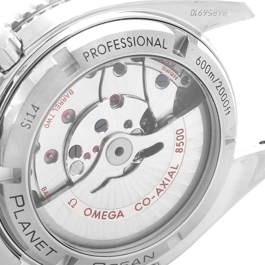 The image shows the back view of the Omega Planet Ocean 232.30.42.21.01.001 Men's Stainless Steel Black Dial 232.30.42.21.01.001 Men's Stainless Steel Black Dial model watch, highlighting the Co-Axial 8500 movement.