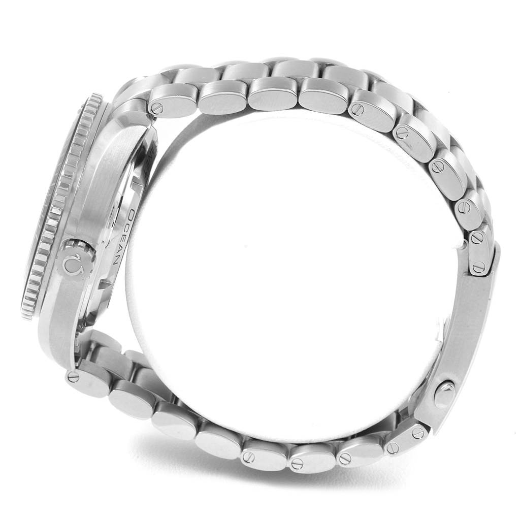 The Omega Planet Ocean 232.30.42.21.01.001 Men's Stainless Steel Black Dial 232.30.42.21.01.001 Men's Stainless Steel Black Dial watch is shown in a side profile angle, highlighting its case, crown, and metal bracelet.