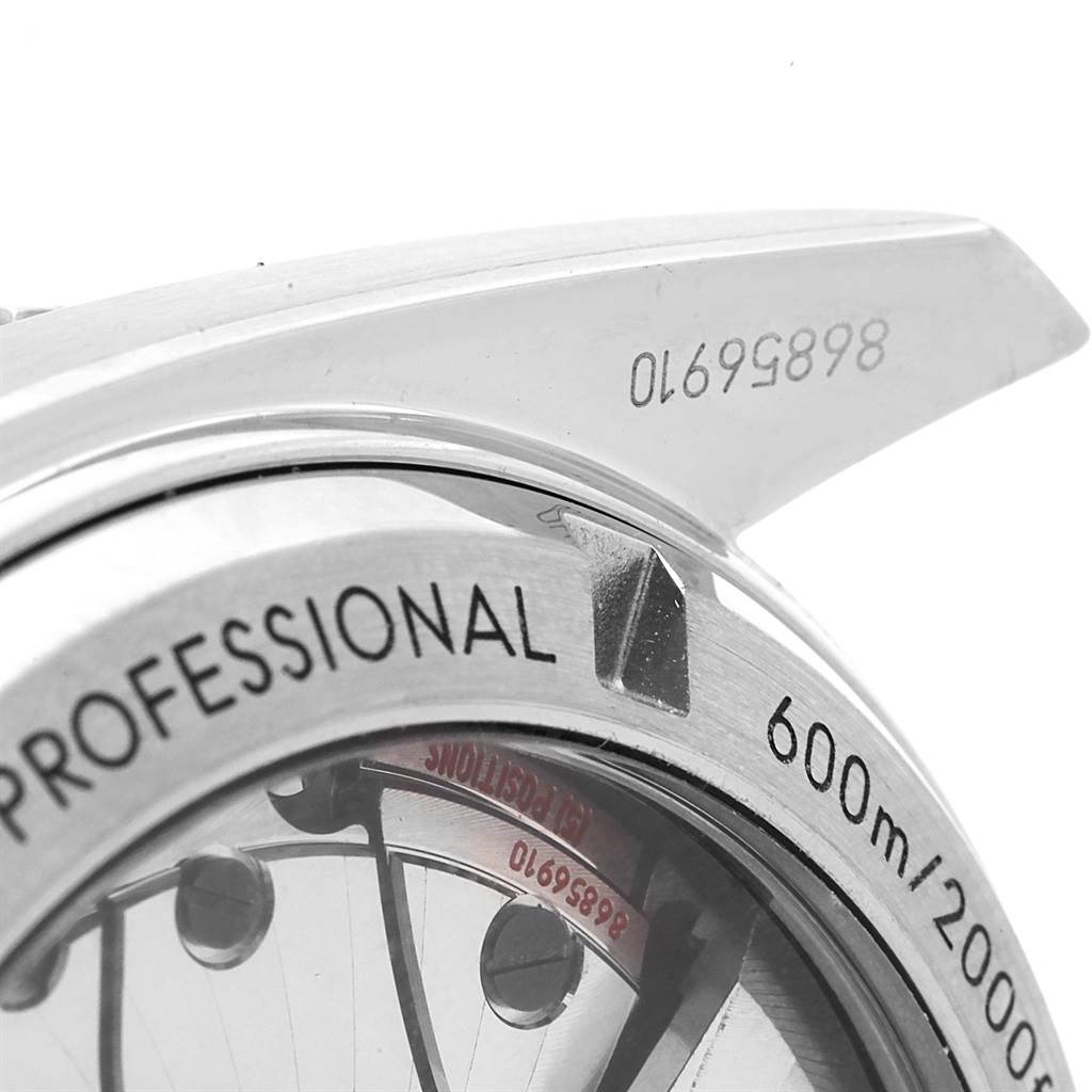 This close-up image of the Omega Planet Ocean 232.30.42.21.01.001 Men's Stainless Steel Black Dial 232.30.42.21.01.001 Men's Stainless Steel Black Dial watch showcases the case back, including the "Professional" and "600m/2000ft" markings.