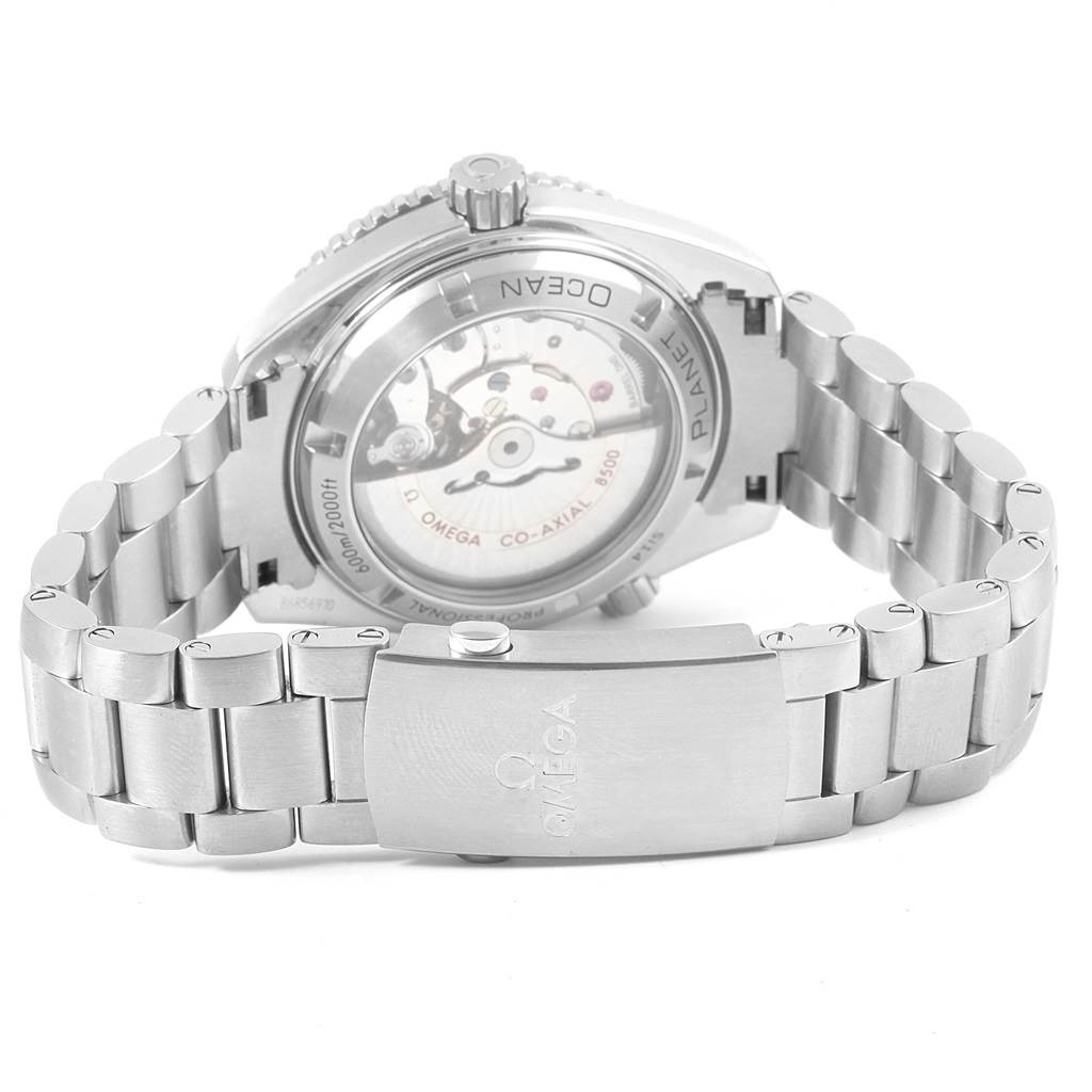 The image shows the back and partial bracelet of the Omega Planet Ocean 232.30.42.21.01.001 Men's Stainless Steel Black Dial 232.30.42.21.01.001 Men's Stainless Steel Black Dial watch, highlighting its transparent case back and clasp.