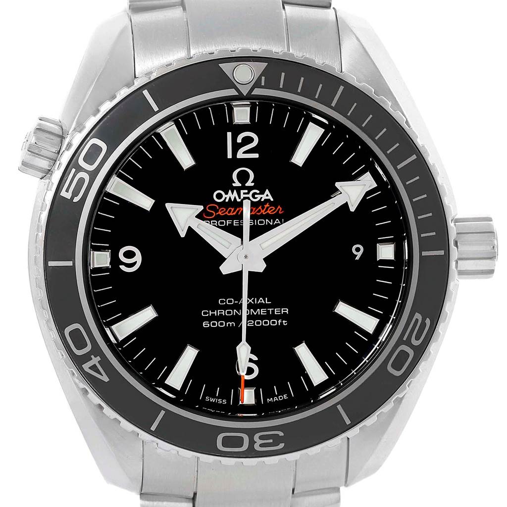 The image shows a front view of the Omega Planet Ocean 232.30.42.21.01.001 Men's Stainless Steel Black Dial 232.30.42.21.01.001 Men's Stainless Steel Black Dial watch, highlighting its black dial, bezel, and stainless steel bracelet.