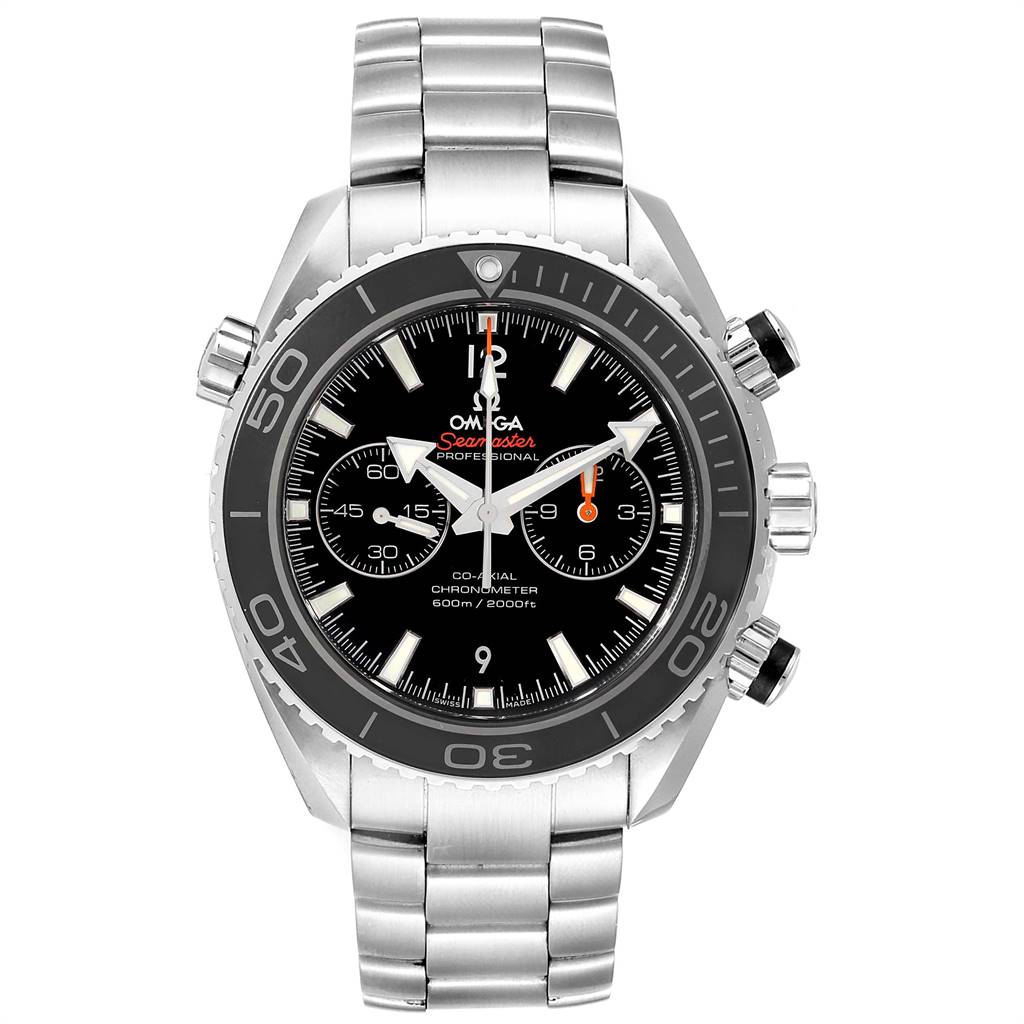 The image shows a frontal view of the Omega Planet Ocean 232.30.46.51.01.001 Men
s Stainless Steel Black Dial 232.30.46.51.01.001 Men
s Stainless Steel Black Dial Seamaster Professional watch, showcasing its face, bezel, and bracelet.